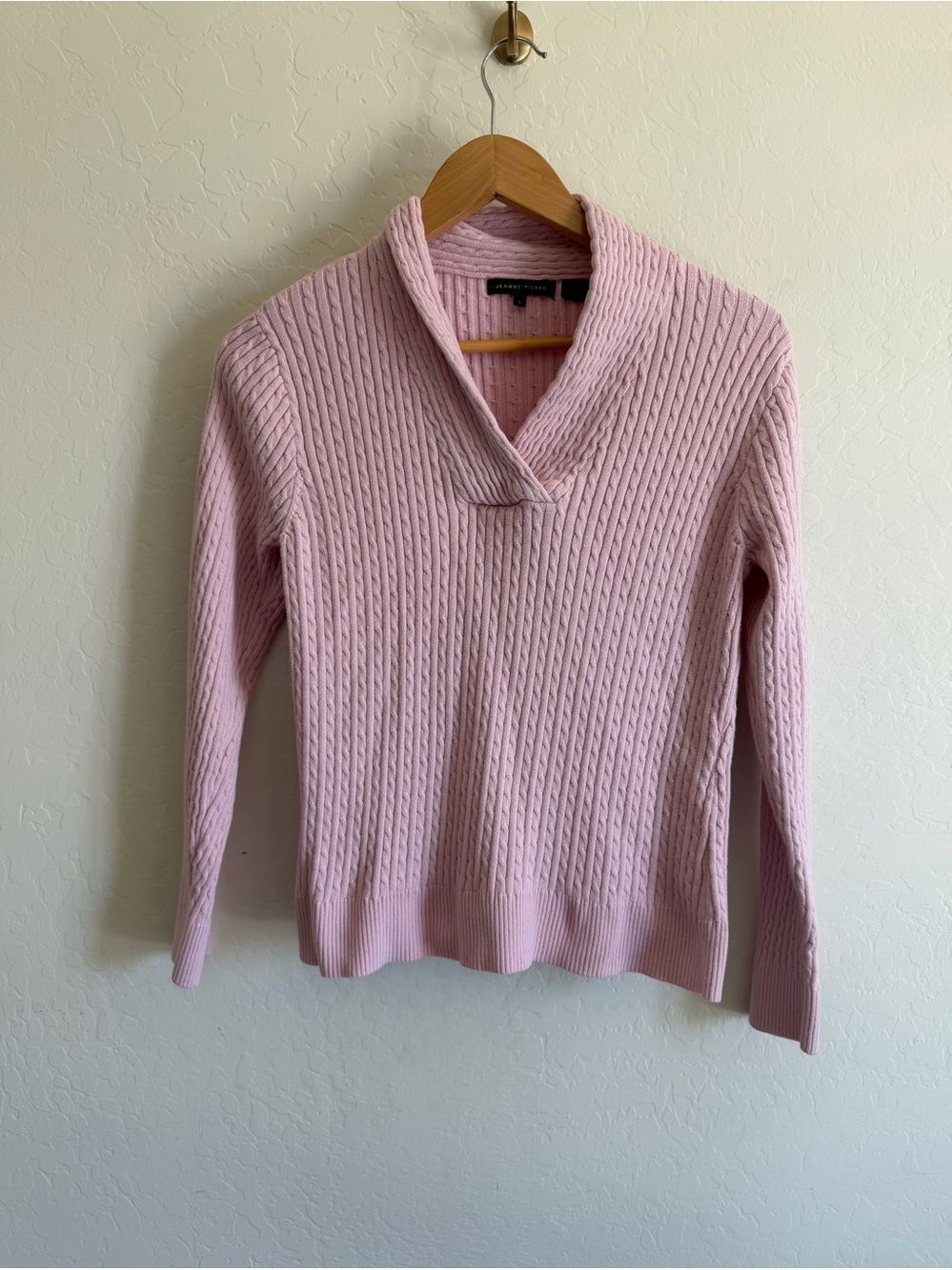 Jeanne Pierre Pink Cable Knit Shawl Collar Pullover Sweater Large